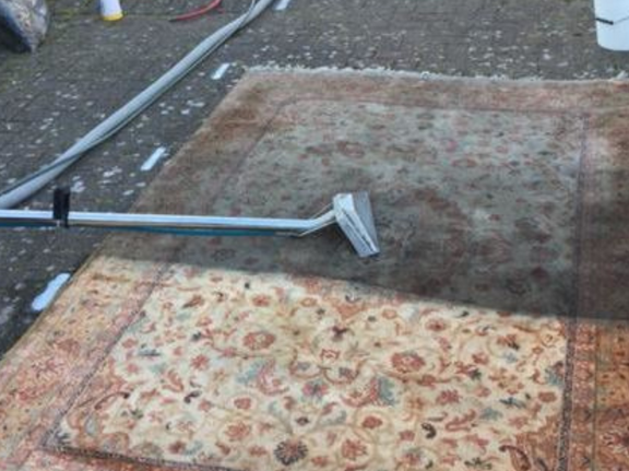 This is a photo of a floral rug that is being steam cleaned. The bottom half has been completed and the top half is being done works carried out by Clapham Carpet Cleaning Solutions